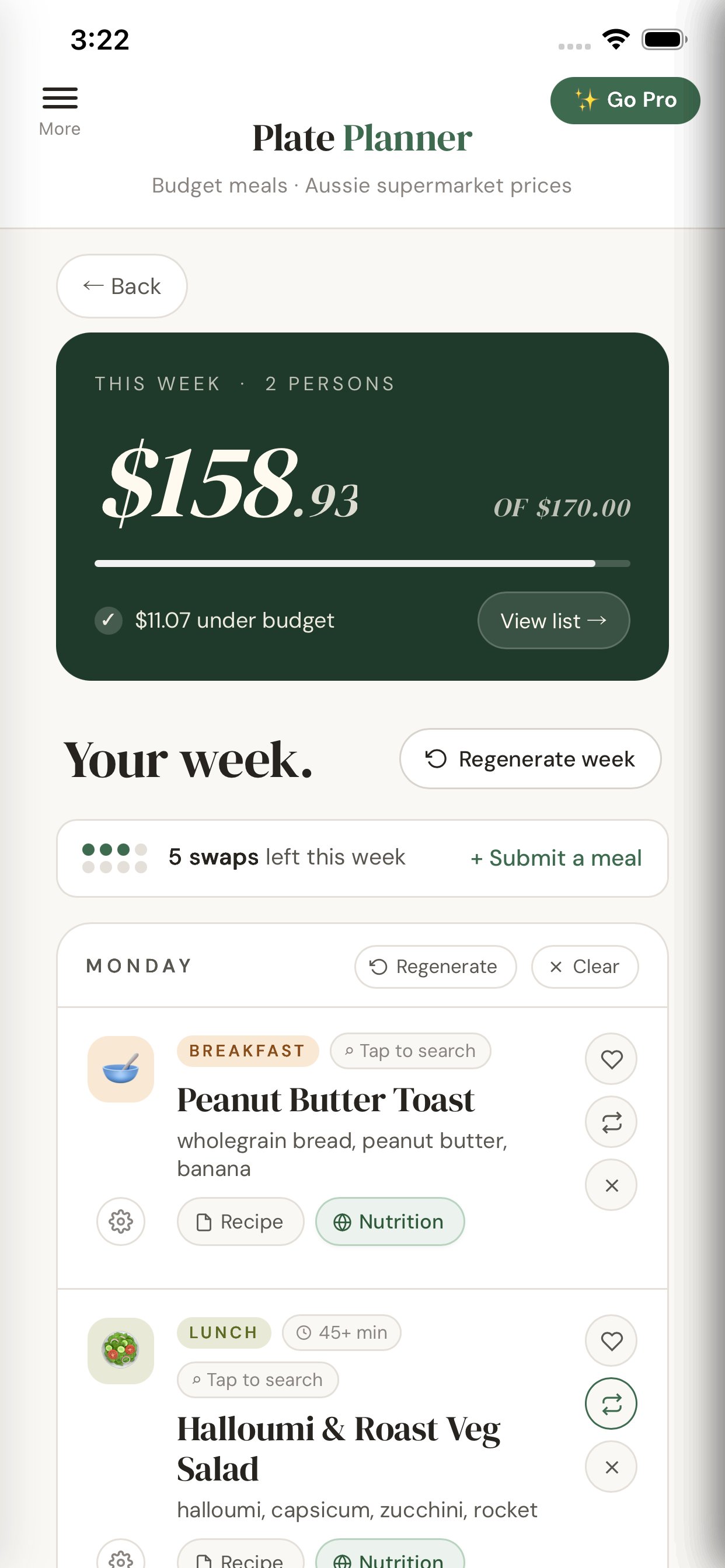 Plate Planner weekly plan with budget hero