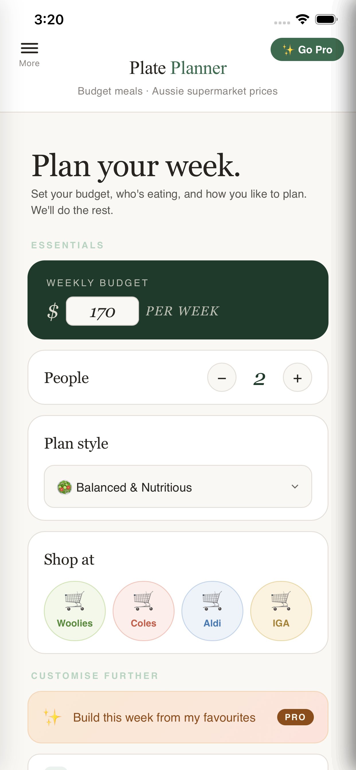 Plate Planner setup form on iPhone