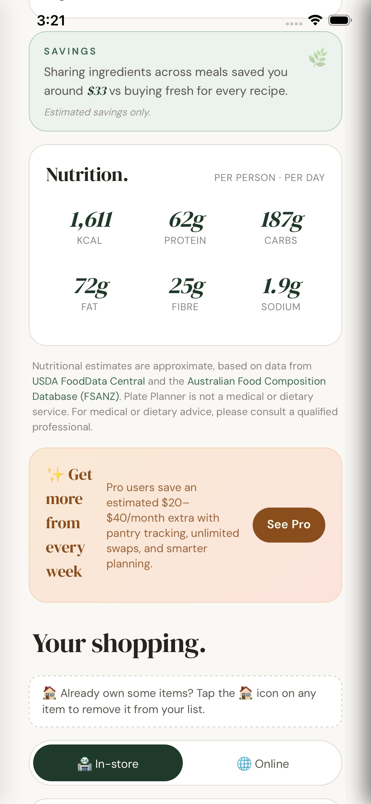 Plate Planner savings and shopping list